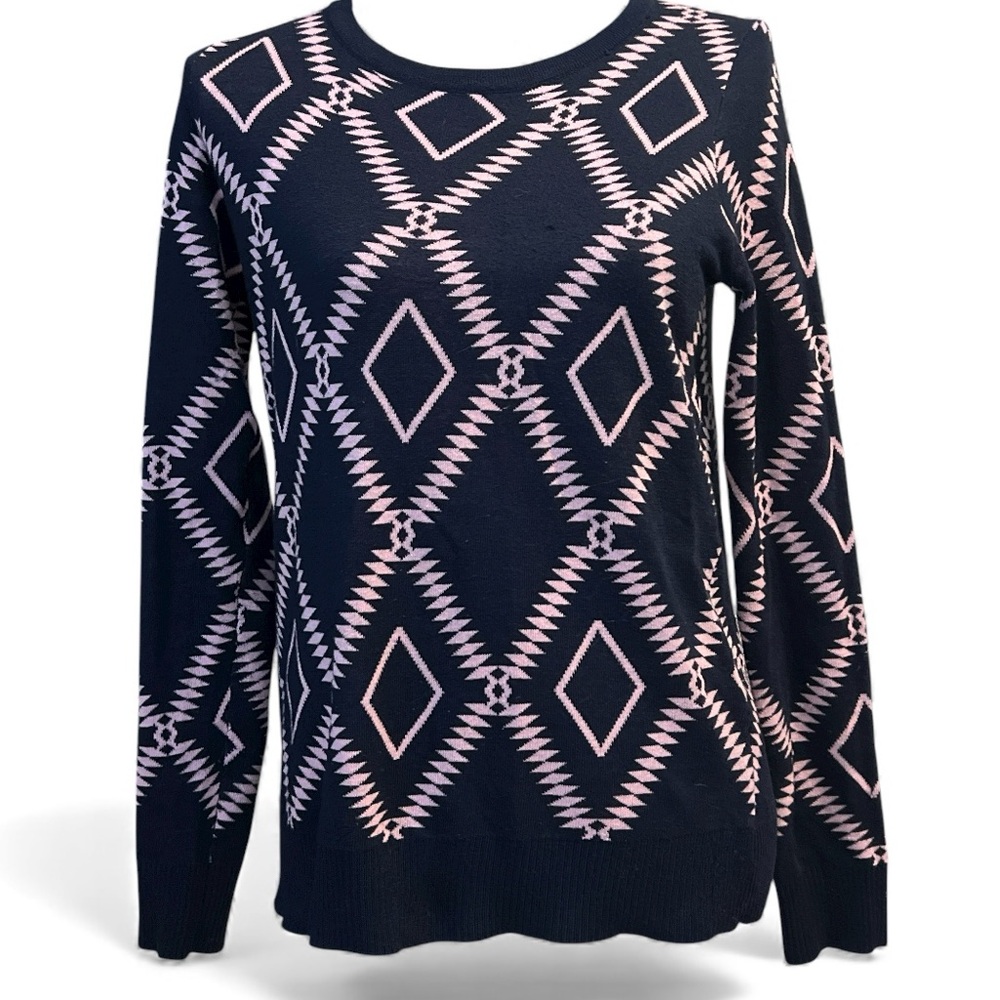 POL Pink and Navy Blue  Diamond Pattern Sweater. EC. Size small